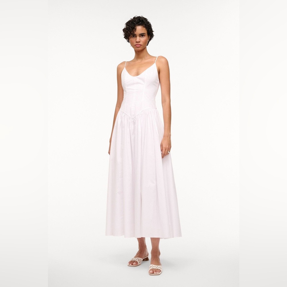 STAUD White Ruched Midi Sundress Spaghetti Strap
